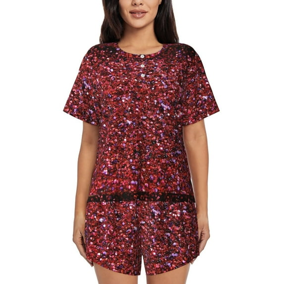 Daiia Red Glitter Pattern Womens Pajama Sets Short Sleeve Pajamas for Women Sets Soft Lounge Sets Casual Round Neck Sleepwear PJS-Medium