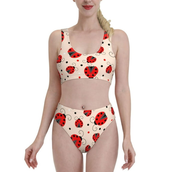 Daiia Red Ladybug printed 2 piece Swimsuit Bikinis for Women High Waisted Racerback Bathing Suits Summer Tummy Control Scoop Neck Swimwear-Small