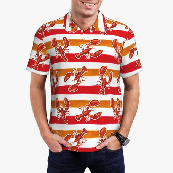 Daiia Red Lobster Pattern Men’s Polo Shirts,Solid Deck Shirt,Classic Fit, Breathable Cotton Polo for Casual and Sport Wear-Small