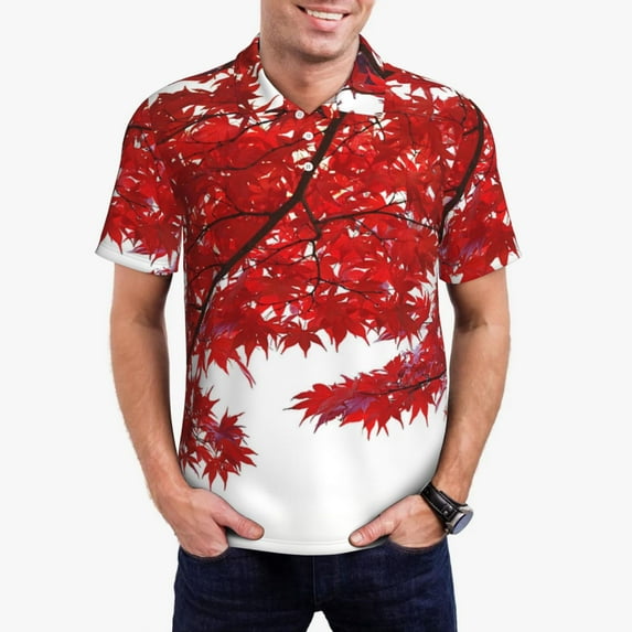 Daiia Red Maple Leaf Pattern Men’s Polo Shirts,Solid Deck Shirt,Classic Fit, Breathable Cotton Polo for Casual and Sport Wear-Small