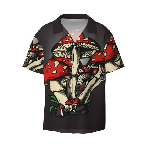 Daiia Red Mushrooms Men's Linen Shirts Short Sleeve Casual Shirts Button Down Shirt for Men Beach Summer Wedding Shirt-Small