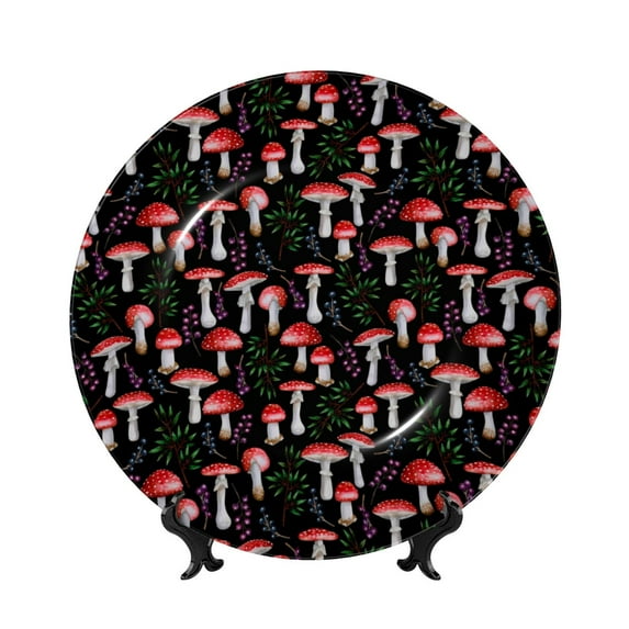 Daiia Red Mushrooms Printed Pattern Ceramic Plate Dinner Plates Bone China Decorative Plates with Display Stand Art Ceramic Ornaments for Wall Hanging Decoration-7in