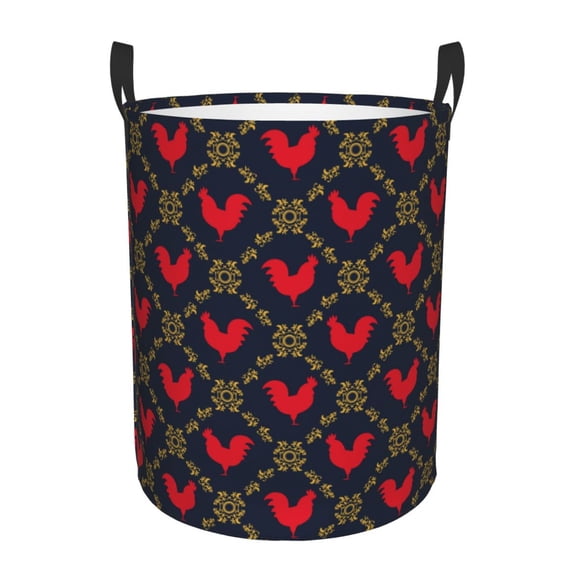 Daiia Red Rooster Round Laundry Basket with Handles Thickened Waterproof Circular hamper,Dirty Clothes Storage Basket for Bedroom,Bathroom,College Dorm-Small