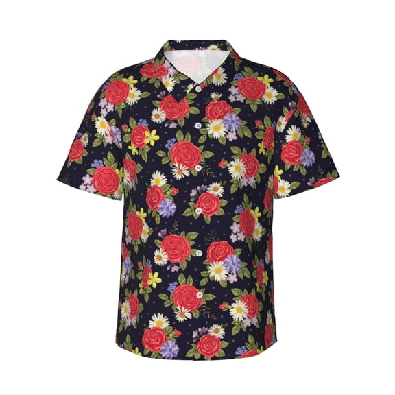 Daiia Red Rose Flower Hawaiian Shirt for Men Gentle Cotton Regular Short Sleeve Casual-3X-Large