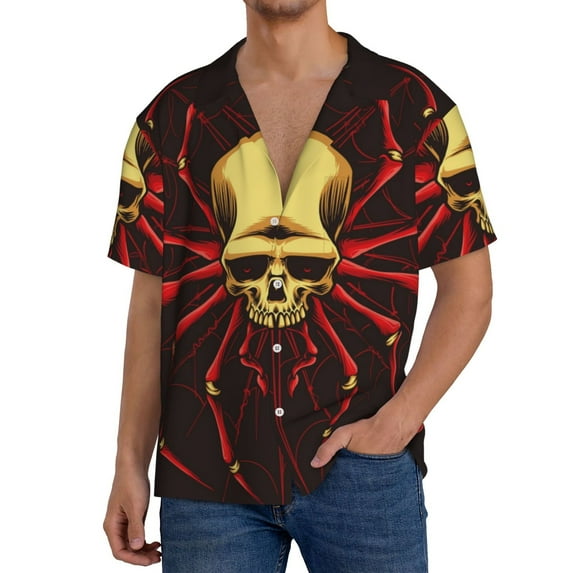 Daiia Red Skull Spider Men's Linen Shirts Short Sleeve Casual Shirts Button Down Shirt for Men Beach Summer Wedding Shirt-4X-Large