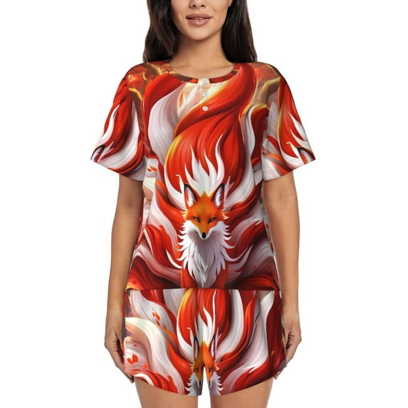 Daiia Red Sun Flame Fox Pattern Womens Pajama Sets Short Sleeve Pajamas for Women Sets Soft Lounge Sets Casual Round Neck Sleepwear PJS-4X-Large