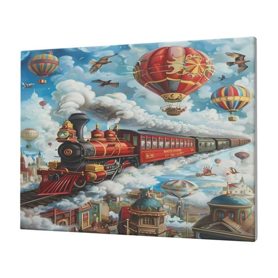 Daiia Red Train Hot Air Balloon Print Canvas Decorative Picture – 30x40in Artistic Wall Art, Ready-to-Hang Canvas Print for Living Room(Horizontal)