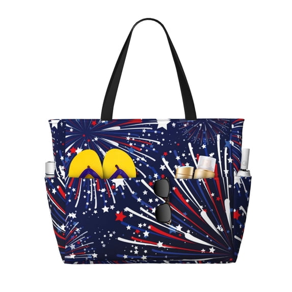 Daiia Red White Blue Fireworks 1 Beach Travel Bag - Water-Resistant Beach Bag, Lightweight Tote with 7 Pockets for Women and Men - Gym,Pool,Camping,Reusable Grocery Bag
