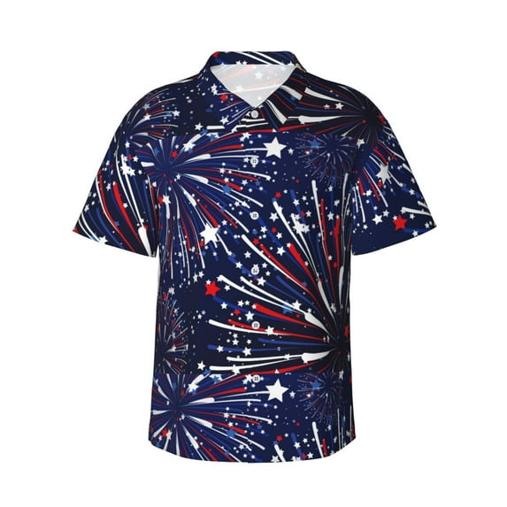 Daiia Red White Blue Fireworks 1 Hawaiian Shirt for Men Gentle Cotton Regular Short Sleeve Casual-Large