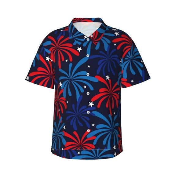 Daiia Red White Blue Fireworks Hawaiian Shirt for Men Gentle Cotton Regular Short Sleeve Casual-3X-Large