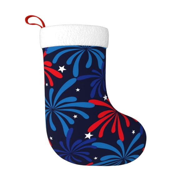Daiia Red White Blue Fireworks Print Christmas Stocking,18"Large Knitted Xmas Stocking for Kids, Family Stocking for Fireplace Christmas Holiday Party Decoration