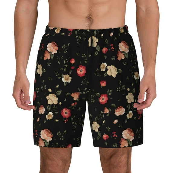 Daiia Red White Flowers Mens Swim Trunks Swim Shorts Quick Dry Swim Shorts with Mesh Lining Pockets-XX-Large