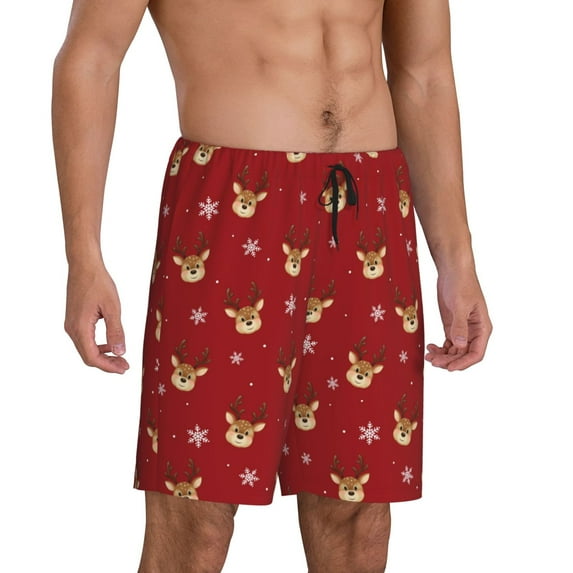 Daiia Reindeer Faces Festive Red Mens Woven Stretch Pajama Short,Short Pajama Pants-X-Large