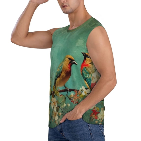 Daiia Retro Birds Printed Men's Tank Tops,Casual Soft Sleeveless Gym Muscle Shirts Bodybuilding Tee-Large