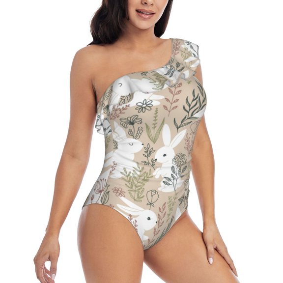 Daiia Retro Bunny Flower Women's One Piece Swimsuits Personalized One Shoulder Swimwear Asymmetric Ruffle Bathing Suits-X-Large