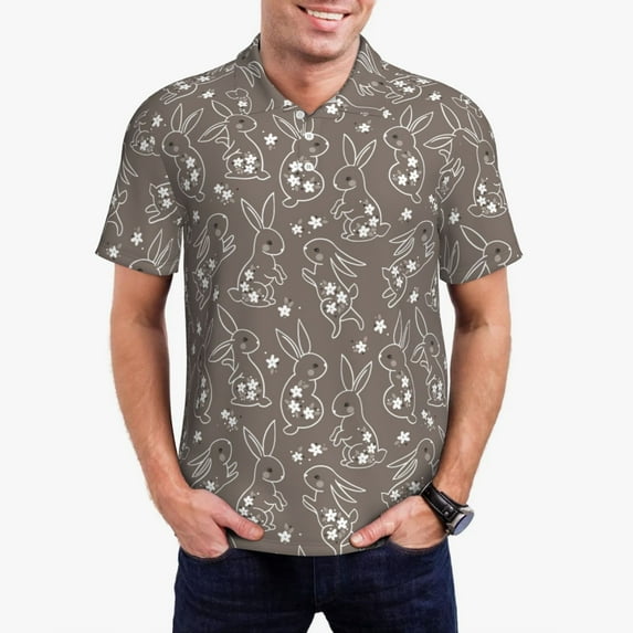 Daiia Retro Bunny Pattern Men’s Polo Shirts,Solid Deck Shirt,Classic Fit, Breathable Cotton Polo for Casual and Sport Wear-X-Large