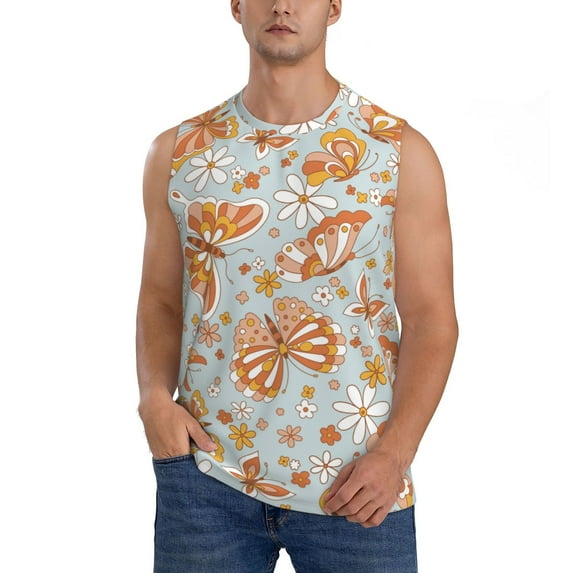 Daiia Retro Floral Butterfly Printed Men's Tank Tops,Casual Soft Sleeveless Gym Muscle Shirts Bodybuilding Tee-Medium