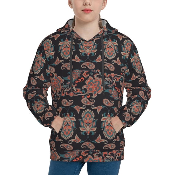 Daiia Retro Floral for Boys Fashion Hoodies & Sweatshirts with Kangaroo Pocket,Hooded Sweatshirt for Kid, Breathable& Moisture Wicking-X-Large