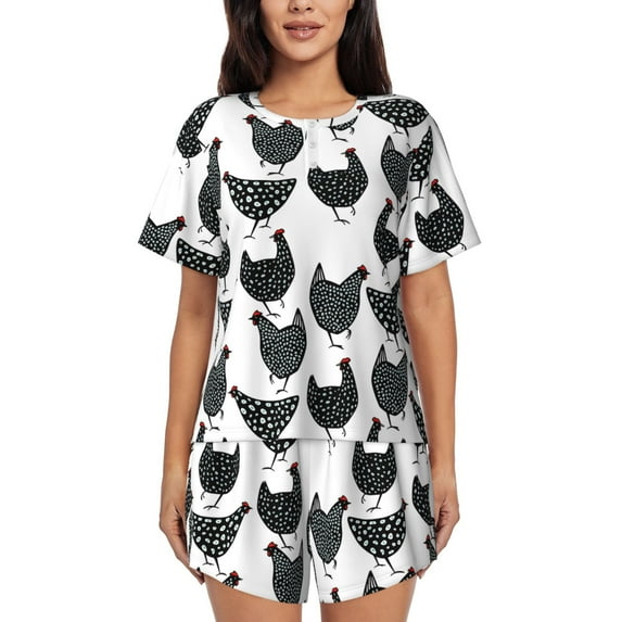 Daiia Retro Rooster Pattern Womens Pajama Sets Short Sleeve Pajamas for Women Sets Soft Lounge Sets Casual Round Neck Sleepwear PJS-Small