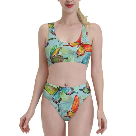 Daiia Retro Seamless Flying Butterflies printed 2 piece Swimsuit Bikinis for Women High Waisted Racerback Bathing Suits Summer Tummy Control Scoop Neck Swimwear-Small