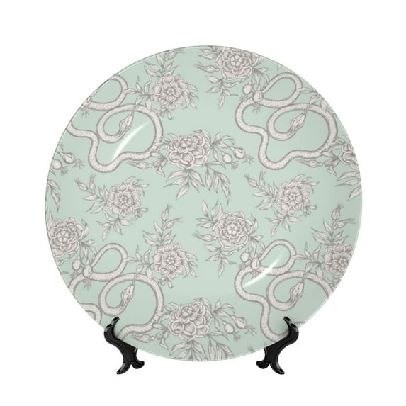 Daiia Retro Snake Printed Pattern Ceramic Plate Dinner Plates Bone China Decorative Plates with Display Stand Art Ceramic Ornaments for Wall Hanging Decoration-10in