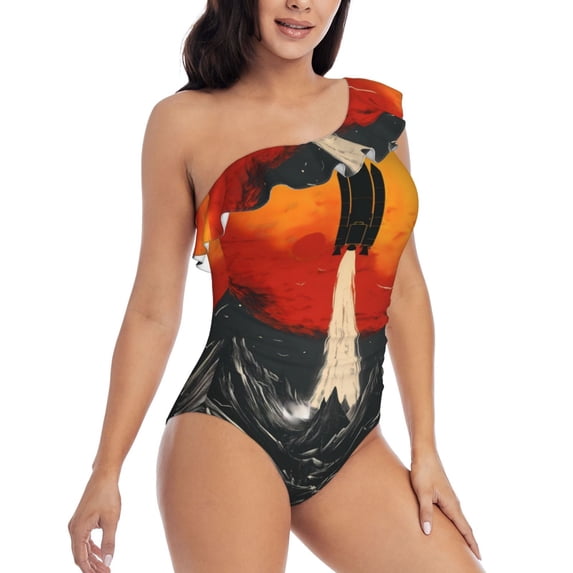 Daiia Retro Space Rocket Launch Women's One Piece Swimsuits Personalized One Shoulder Swimwear Asymmetric Ruffle Bathing Suits-X-Large