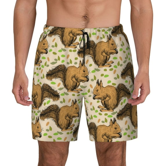 Daiia Retro Squirrel Mens Swim Trunks Swim Shorts Quick Dry Swim Shorts with Mesh Lining Pockets-Medium