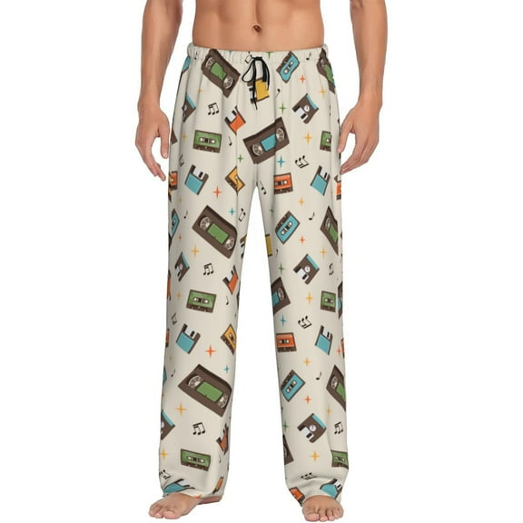 Daiia Retro Vintage Tape Men's Sleep Pant with Pockets and Drawstring,Pajama Pants-Small