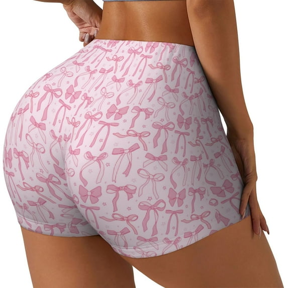 Daiia Ribbon Bow Pattern Women's Workout Shorts Biker Shorts - High Waisted Workout Spandex Tummy Control Gym Running Yoga Shorts-Large