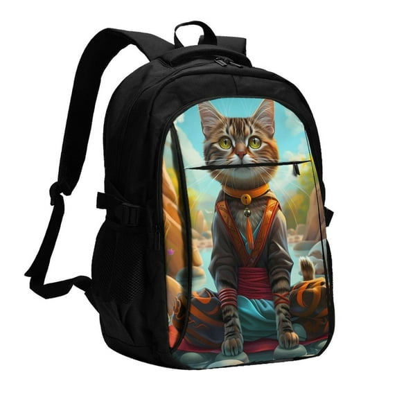 Daiia Riverside Meditating Cat Pattern USB Charging Backpack for Men and Women, Anti-Theft Backpack,Travel Backpack,School Backpack,College Backpack,Laptop Backpack