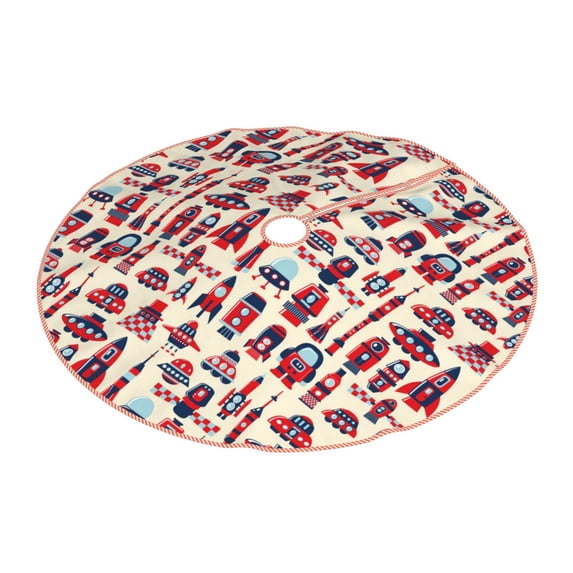 Daiia Rocket Pattern Drawing Merry Christmas Tree Skirt , Xmas Large Lace-up Tree Skirt, Santa Snowflakes Rustic Home Decorations New Year Party Farmhouse Decor-48"