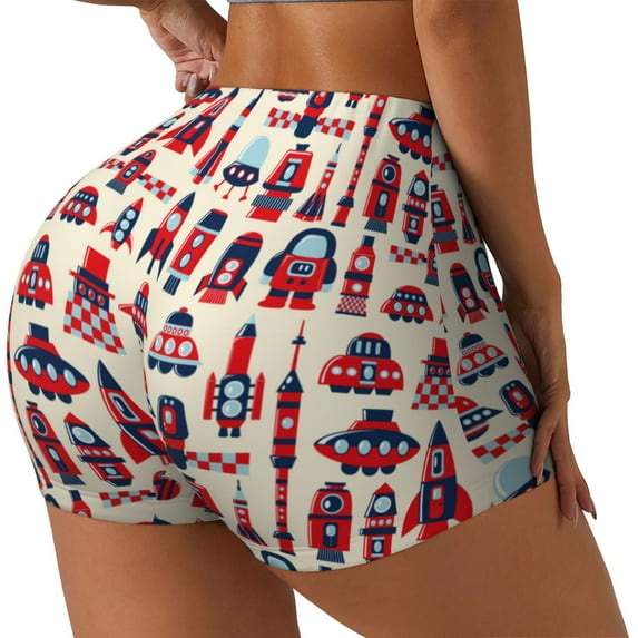 Daiia Rocket Pattern Pattern Women's Workout Shorts Biker Shorts - High Waisted Workout Spandex Tummy Control Gym Running Yoga Shorts-Medium
