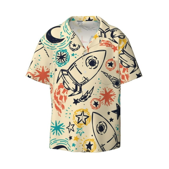 Daiia Rockets Men's Linen Shirts Short Sleeve Casual Shirts Button Down Shirt for Men Beach Summer Wedding Shirt-X-Large