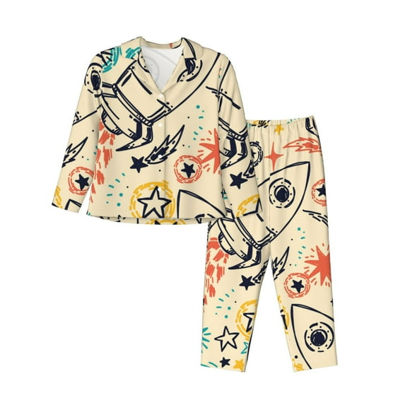 Daiia Rockets for Women's Long-Sleeved Pajama Set – Soft & Comfortable Sleepwear Button-Up Pajamas Cozy Lounge Wear-Large