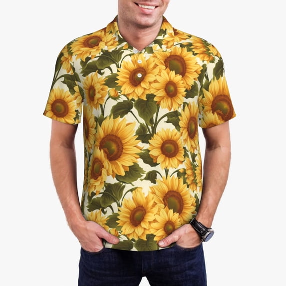 Daiia Romantic Elegant Sunflower Pattern Men’s Polo Shirts,Solid Deck Shirt,Classic Fit, Breathable Cotton Polo for Casual and Sport Wear-4X-Large