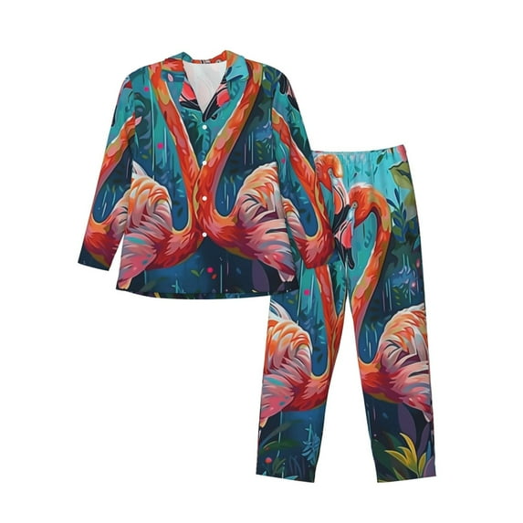 Daiia Romantic Flamingo Pair for Men's Long-Sleeved Pajama Set – Soft & Comfortable Sleepwear Button-Up Pajamas Cozy Lounge Wear-Large