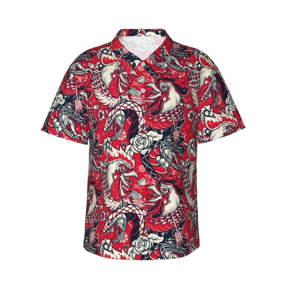Daiia Rooster Head Hawaiian Shirt for Men Gentle Cotton Regular Short Sleeve Casual-Medium