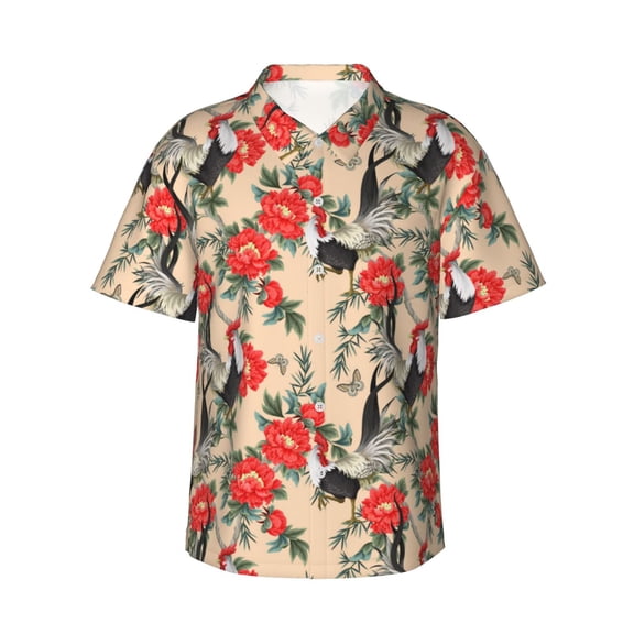 Daiia Roosters And Peonies Flowers Hawaiian Shirt for Men Gentle Cotton Regular Short Sleeve Casual-Small
