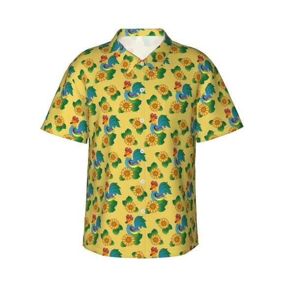 Daiia Roosters And Sunflowers Hawaiian Shirt for Men Gentle Cotton Regular Short Sleeve Casual-3X-Large