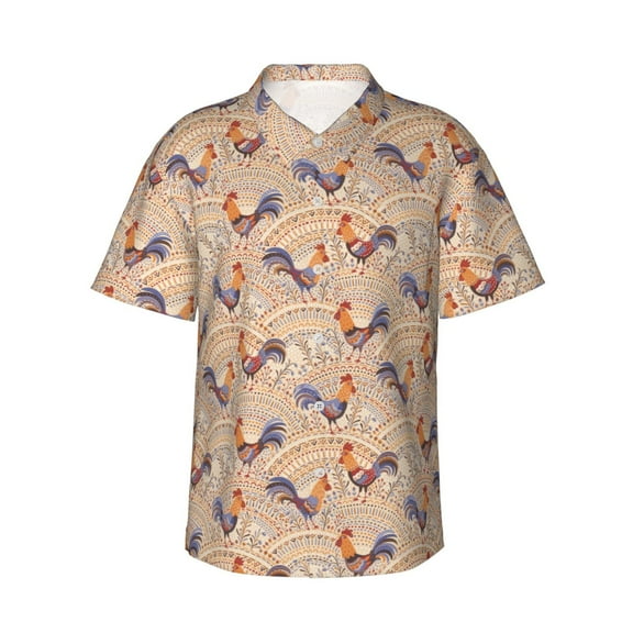 Daiia Roosters In Floral Hawaiian Shirt for Men Gentle Cotton Regular Short Sleeve Casual-Medium