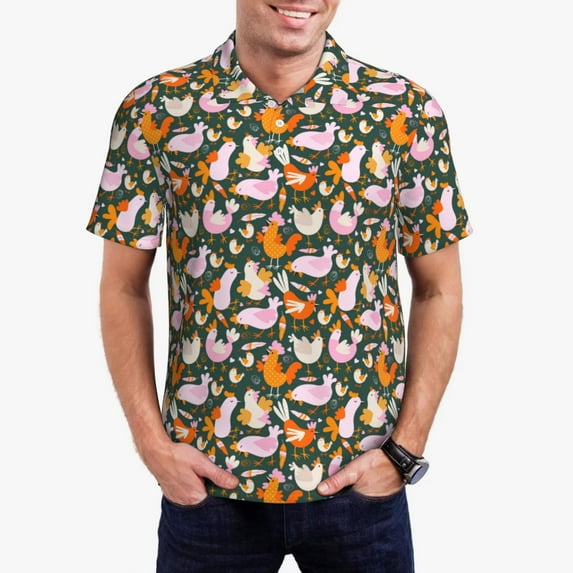 Daiia Roosters and Chicks Pattern Men’s Polo Shirts,Solid Deck Shirt,Classic Fit, Breathable Cotton Polo for Casual and Sport Wear-X-Large