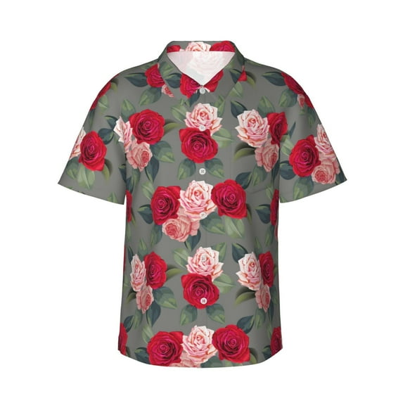 Daiia Rose Flowers Hawaiian Shirt for Men Gentle Cotton Regular Short Sleeve Casual-Large