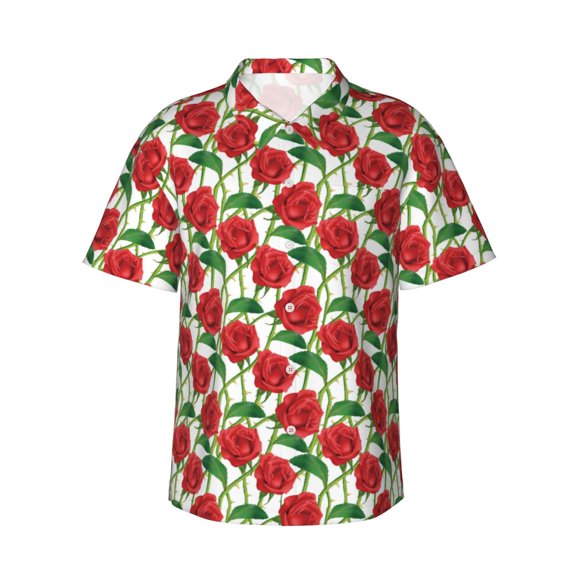 Daiia Rose Flowers Hawaiian Shirt for Men Gentle Cotton Regular Short Sleeve Casual-Medium