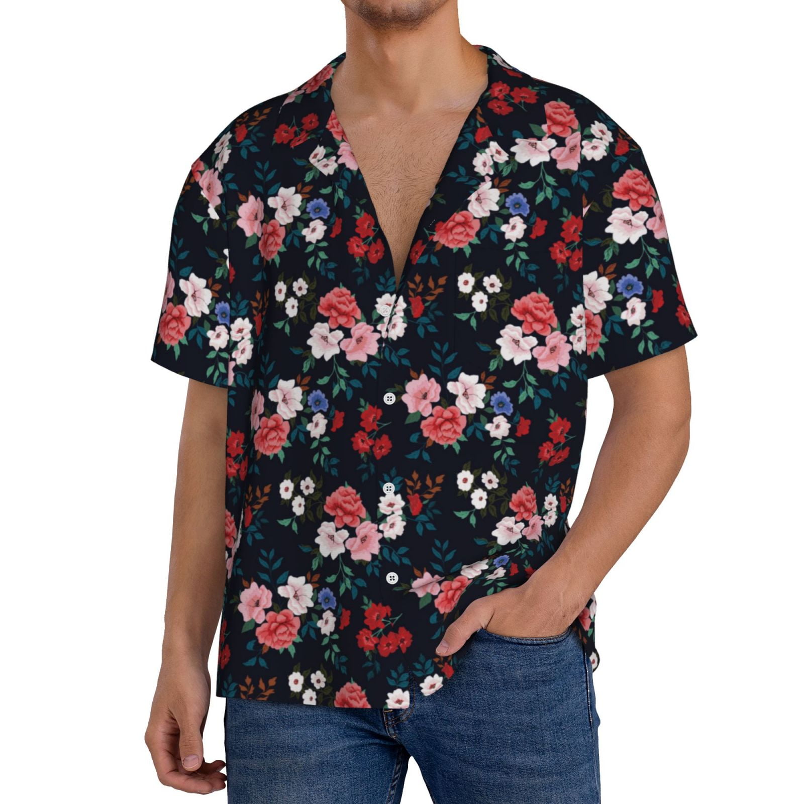 Daiia Rose Flowers Men's Linen Shirts Short Sleeve Casual Shirts Button ...