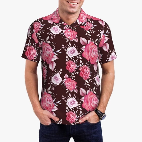 Daiia Rose Flowers Pattern Men’s Polo Shirts,Solid Deck Shirt,Classic Fit, Breathable Cotton Polo for Casual and Sport Wear-3X-Large