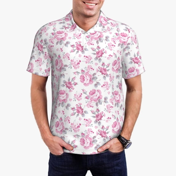 Daiia Rose Flowers Pattern Men’s Polo Shirts,Solid Deck Shirt,Classic Fit, Breathable Cotton Polo for Casual and Sport Wear-Large
