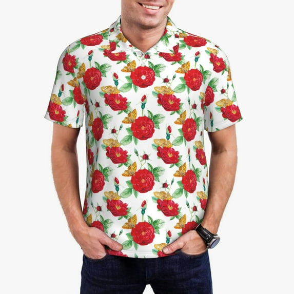Daiia Rose Flowers Pattern Men’s Polo Shirts,Solid Deck Shirt,Classic Fit, Breathable Cotton Polo for Casual and Sport Wear-Large