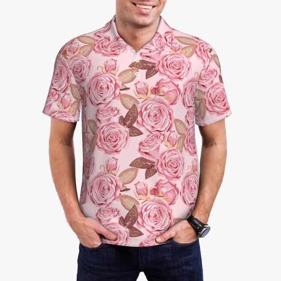 Daiia Rose Flowers Pattern Men’s Polo Shirts,Solid Deck Shirt,Classic Fit, Breathable Cotton Polo for Casual and Sport Wear-Small