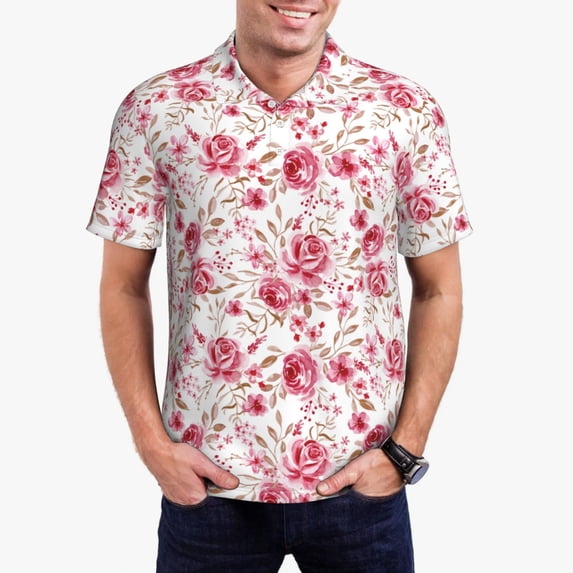 Daiia Rose Flowers Pattern Men’s Polo Shirts,Solid Deck Shirt,Classic Fit, Breathable Cotton Polo for Casual and Sport Wear-Small