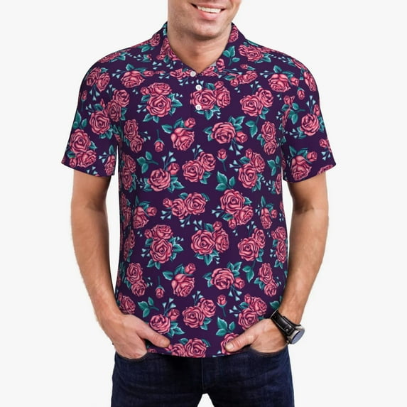 Daiia Rose Flowers Pattern Men’s Polo Shirts,Solid Deck Shirt,Classic Fit, Breathable Cotton Polo for Casual and Sport Wear-